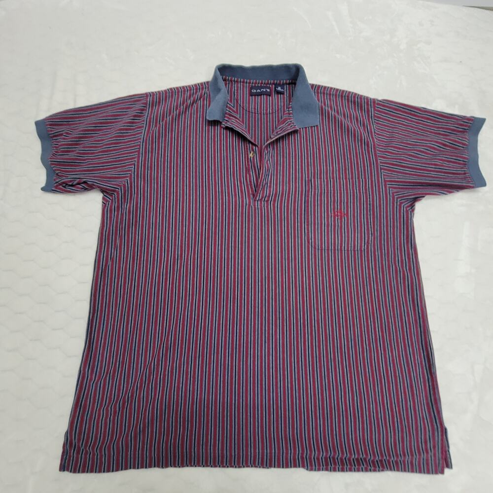 Vintage Gant Polo Shirt Mens 2X Big Red Navy Blue Striped Short Sleeve Pocket
